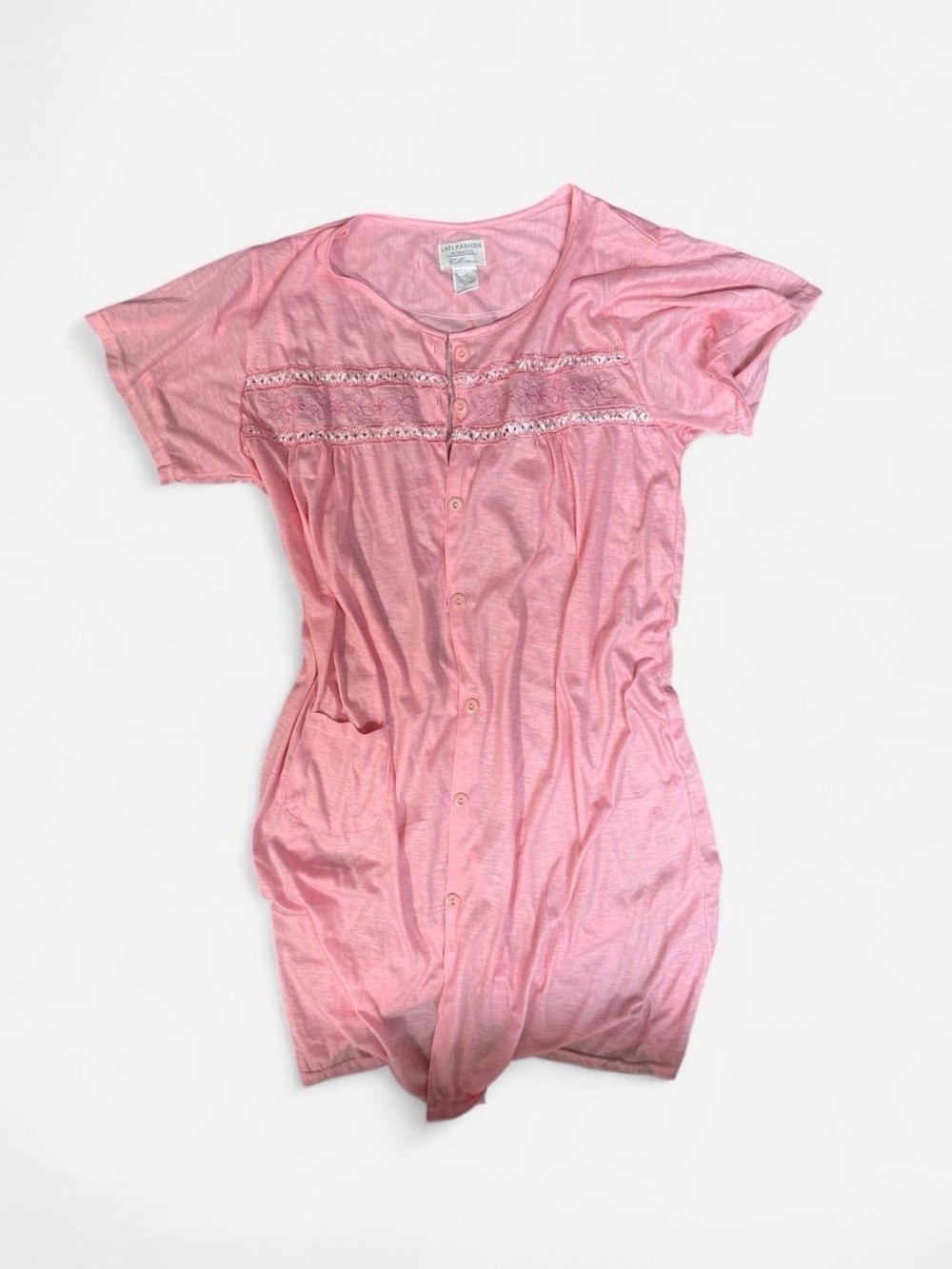 Light Pink Short-Sleeve Button-Front Nightshirt with Lace Trim